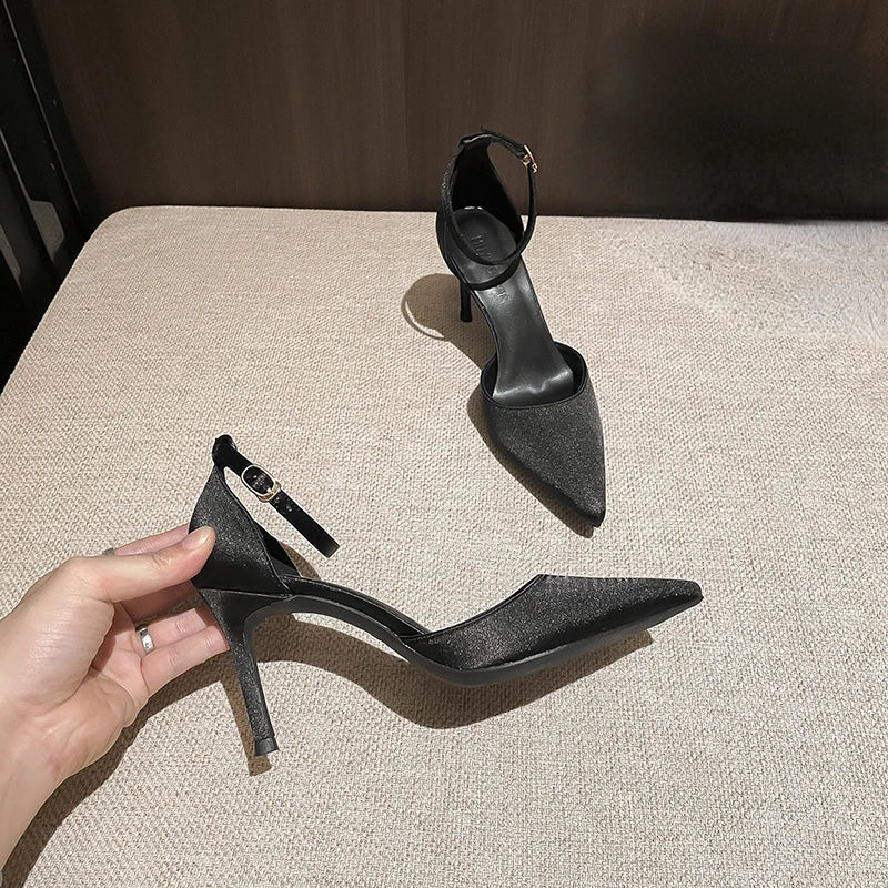 Satin Pointed Toe Highheeled Shoes Summer New Allmatch Stiletto Microfiber Exquisite Oneline Sandals