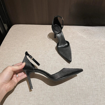 Satin Pointed Toe Highheeled Shoes Summer New Allmatch Stiletto Microfiber Exquisite Oneline Sandals