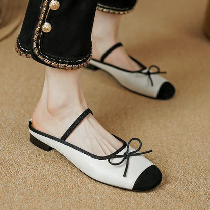 Genuine Leather Mix Color Pathcwork Round Toe Slipon Flats Summer Mules Leisure Soft Comfortable Shoes