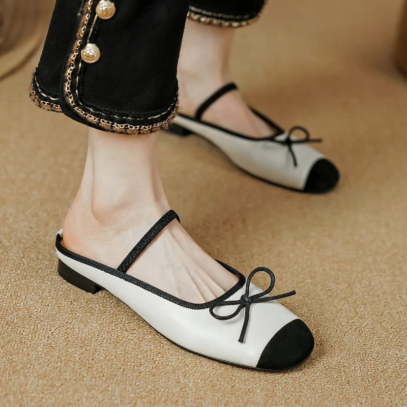 Genuine Leather Mix Color Pathcwork Round Toe Slipon Flats Summer Mules Leisure Soft Comfortable Shoes