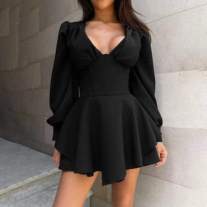 Low Cut Long Sleeve Pleated Mini Dress Wrap Waist Slim Party Vestido Spring Fall Harajuku Y2k Clothes