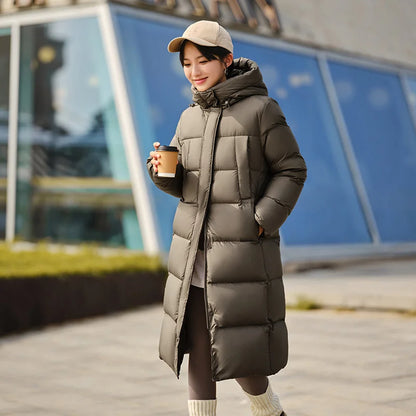 Down Jacket Long Length Three-proof Versatile Updated Winter New Loose Hooded Coat Simple Down Jacket