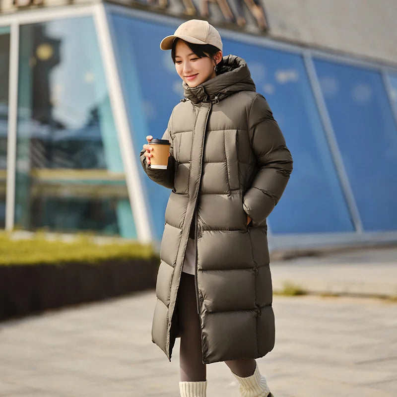 Down Jacket Long Length Three-proof Versatile Updated Winter New Loose Hooded Coat Simple Down Jacket