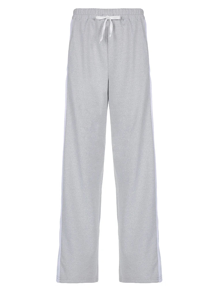 Gray Drawstring Elastic High Waist Sweatpants Side Stripe Contrast Patchwork Black Loose Jogging Track Pants