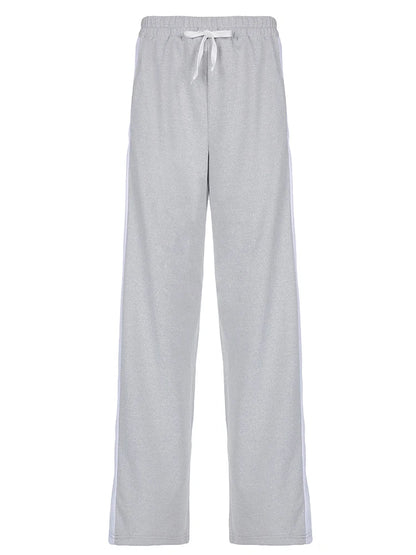 Gray Drawstring Elastic High Waist Sweatpants Side Stripe Contrast Patchwork Black Loose Jogging Track Pants