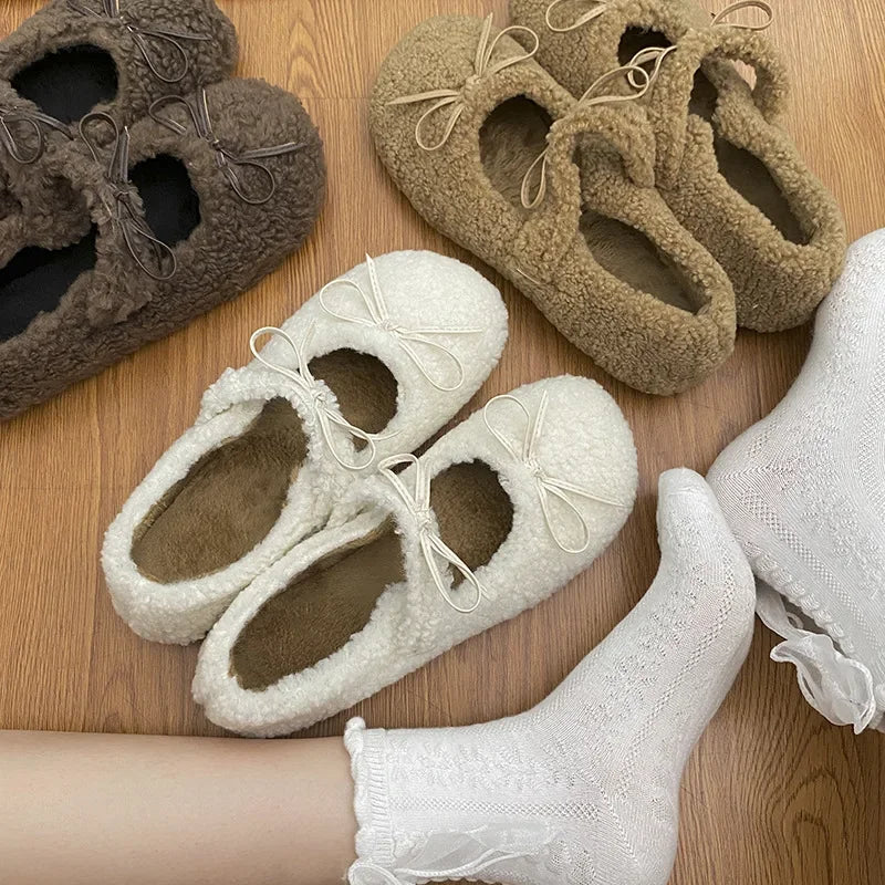 Autumn Winter Ballet Loafer Flat Shoes Female Flats Loafers Fur Round Toe Brand Design Teddy Outdoor Shoes