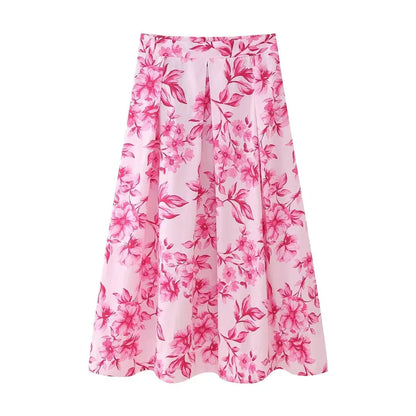 2 Piece Set Printed Long Sleeves Singlebreasted Top Blouse Female High Waist Aline Skirt