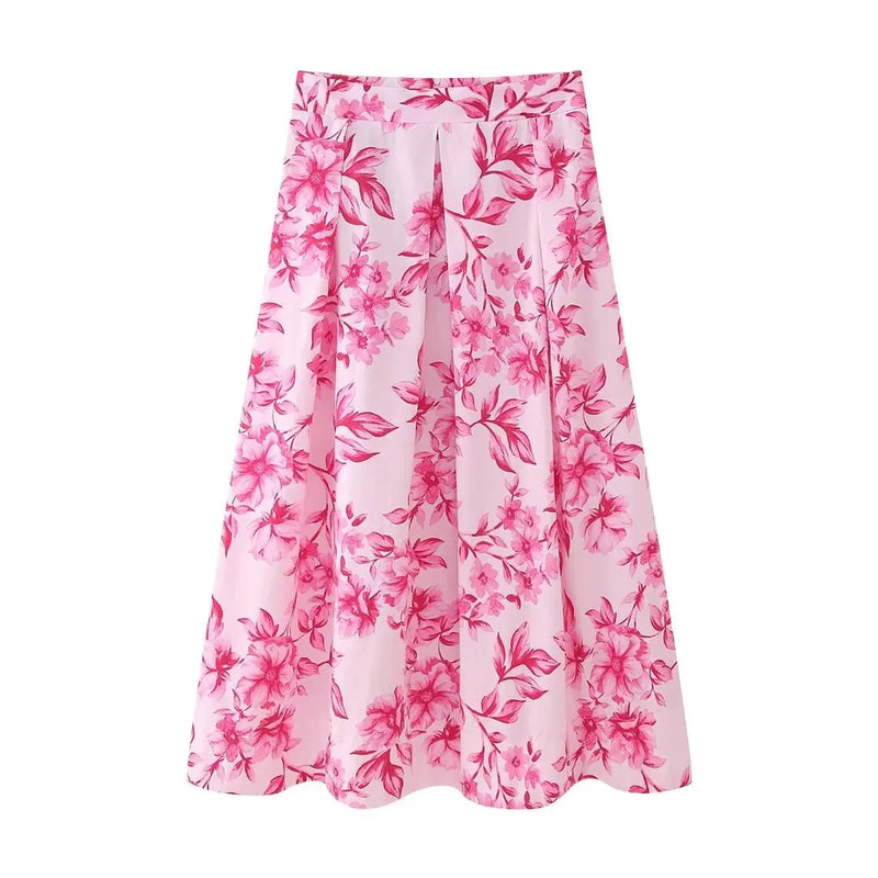 2 Piece Set Printed Long Sleeves Singlebreasted Top Blouse Female High Waist Aline Skirt