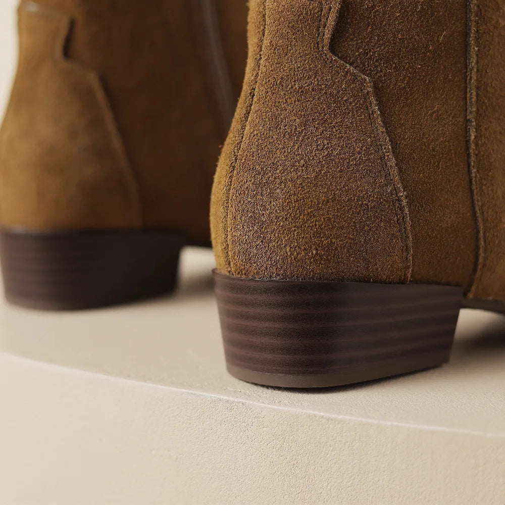 Natural Suede Leather Square Toe Side Zip Autumn Knee High Western Boots Female Long Boots Shoes