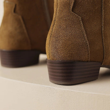 Natural Suede Leather Square Toe Side Zip Autumn Knee High Western Boots Female Long Boots Shoes