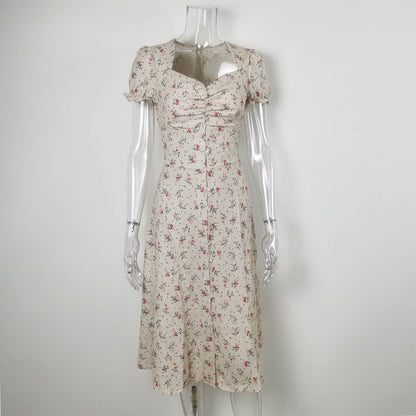 Summer Side Split Long Dress Female Beach Retro Print Sundress Vestido