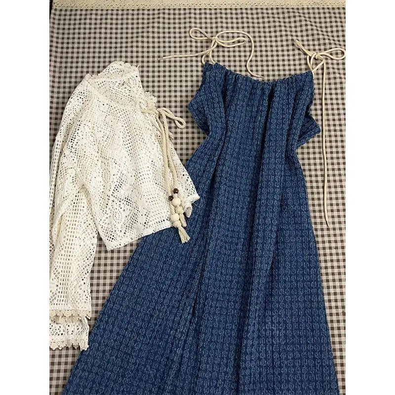 Suit Autumn New Tassel Strap Camisole Dress Hollow Out Sunscreen Knitted Cardigan Two Piece Set Outfits