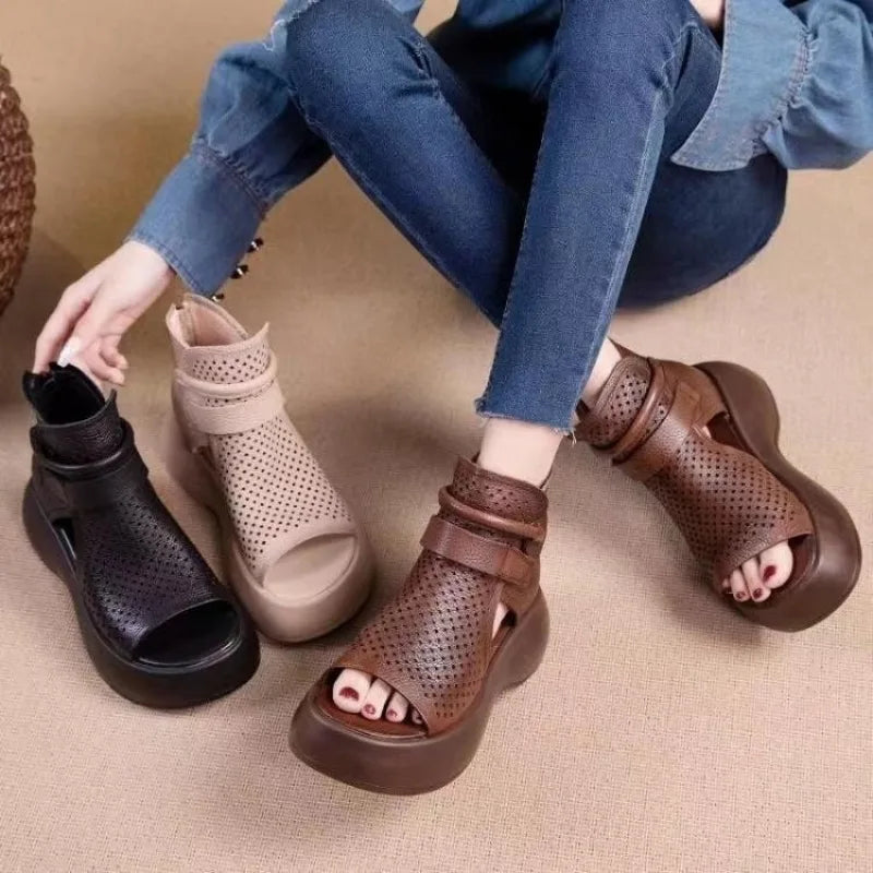 New Hollow Breathable Hole Shoes Thick Sole Leather Fish Mouth Hook Loop Retro Comfortable Wedge Sandal 43