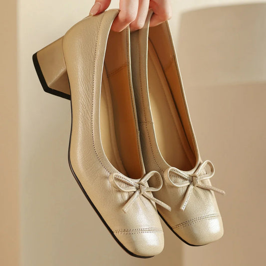 3441 Sheepskin Slipon Pumps 4cm Thick Low Heel Sweet Bowtie Soft Comfort Shoes