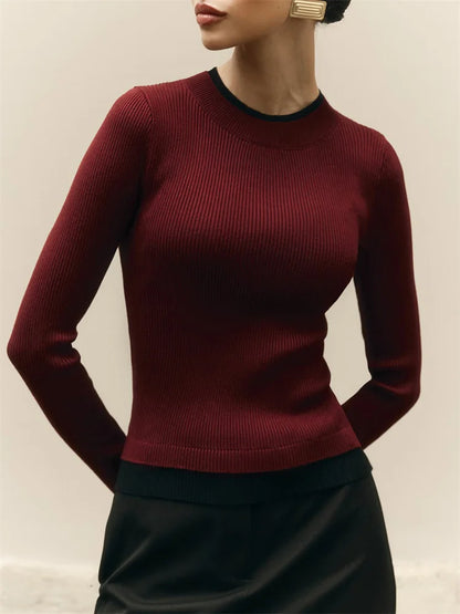 Autumn Knit Sweater Pullover for Ribbed Patchwork Long Sleeve Slim Lnner Inner Top Female Knitwear Top