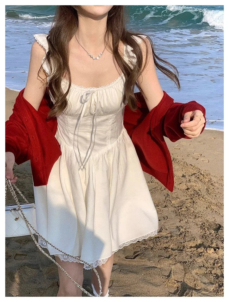 Sweet White Mini Dress Square Collar Sleeveless Laceup Birthday Party Dresses Summer Aline Short Vestidos