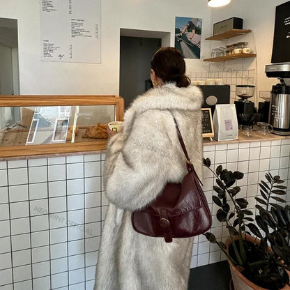 Slouchy Gradient Long Eco Faux Fur Coat Winter Thick Warm Fluffy Fox Fur Jacket Brand Overcoat