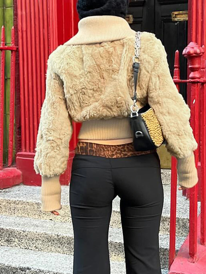 Fluffy Turn-down Collar Jacket S Autumn Winter New Slim Button Cropped Coat Retro