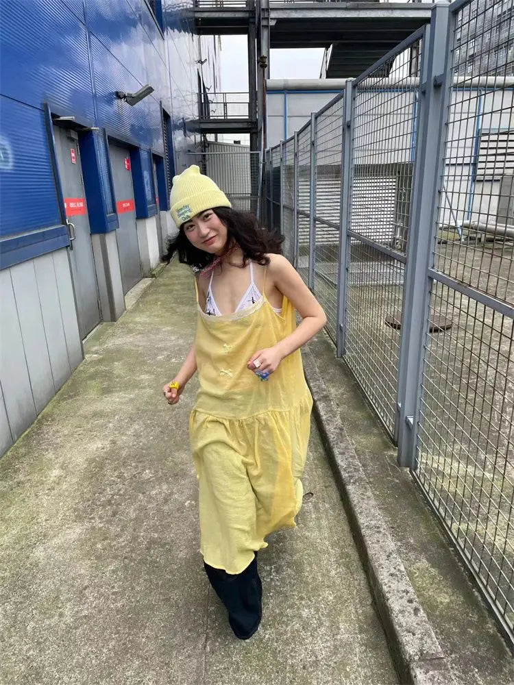 Summer French Vacation Style Lemon Yellow Splicing Lace Bow Strap Camisole Dress for Thin Loose Aline Long Dress