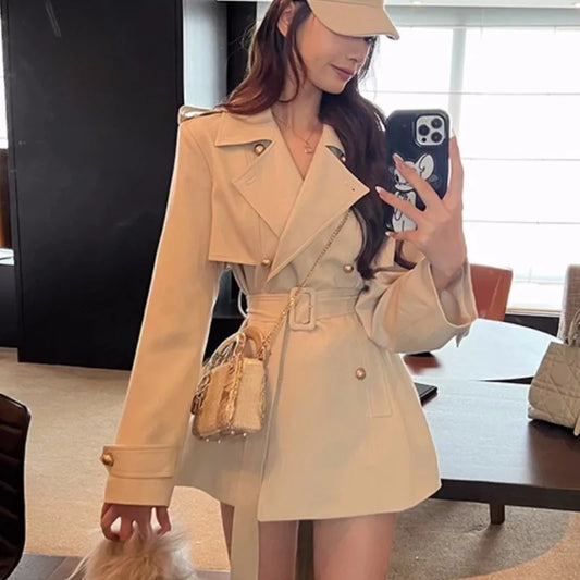 Lapel Blazer Coats Autumn New Double Breasted British Style Jacket With Belt Korean Outerwear