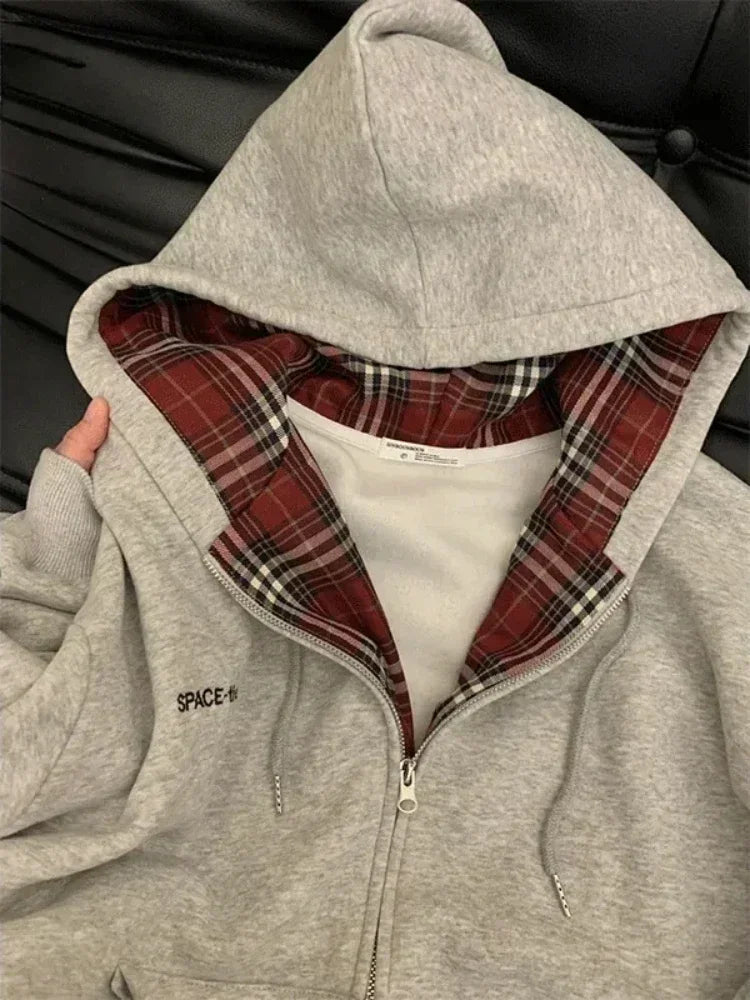 Tavimart - Plaid Patchwork Hoodies Gray 90s Retro Sweatshirt With Zipper Oversized Autumn Winter Clothes