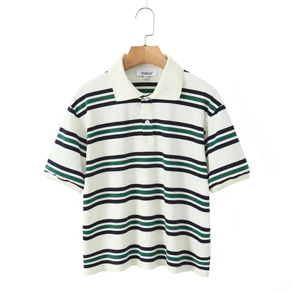 Striped Contrast Short Sleeve T-shirt Buttons Turndown Collar Tee Shirt Spring New Top Tees