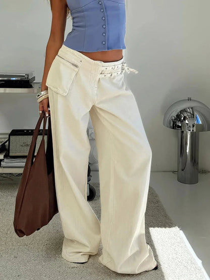 Pocket Adjustable Waist Wide Leg Pant Low Rise Waist Baggy Denim Trouser Jeans Femme Summer New