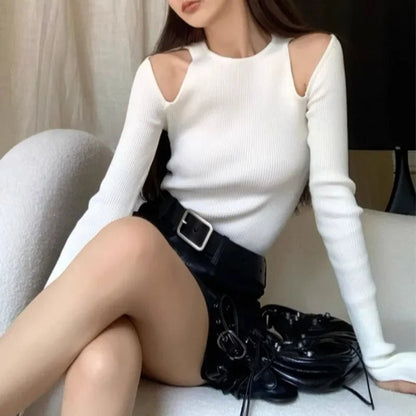 Strapless Hollow Longsleeved Sweater Spring New High Street Oneck Color All Match Knitted Tops