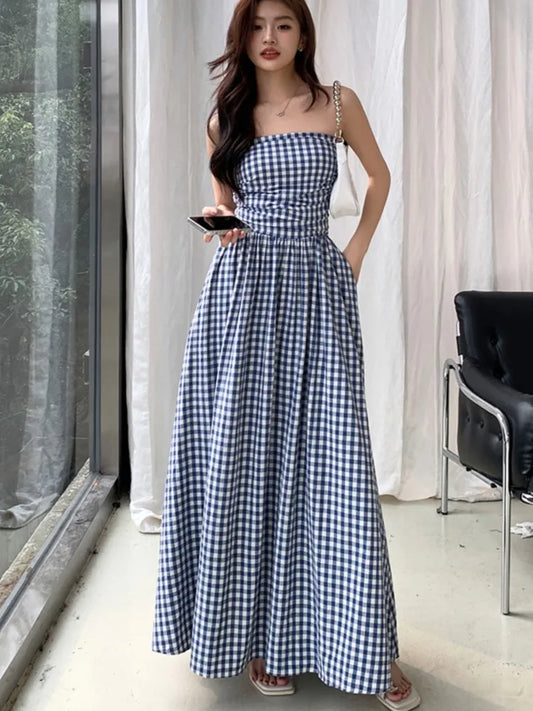 Strapless Midi Dresses for Striped Sleeveless A-line Korean Summer New Party Dress Vestidos Mujer