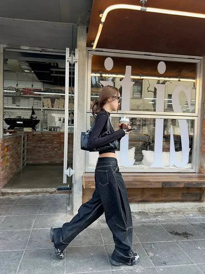 Black Wide Leg Jeans With Rivets Y2k High Wasit Denim Pants Korean Style Kpop Baggy Harajuku Trousers New
