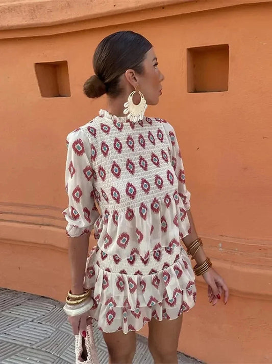 New Woman Ruffles Hem Mini Printed Shirt Skirt 2 Piece Set Female Puff Sleeve Blouse High Waist Mini Dress Suit Outfits