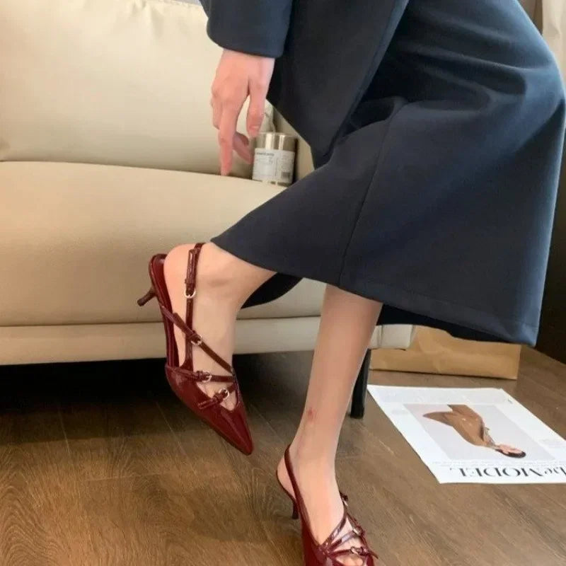 Shoes Female New Slingbacks High Heels Mary Janes Dress Pumps Pointed Toe Buckle Strap Thin Heels Shoes