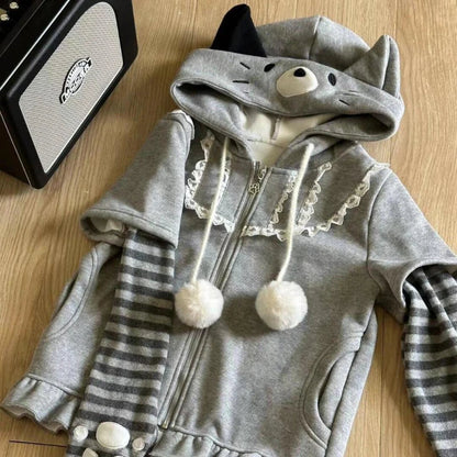 Autumn Winter Japanese Style Hooded Sweatshirt Sweet Kawaii Patchwork Fake Two Piece Jacket Y2k Long Sleeve Coats