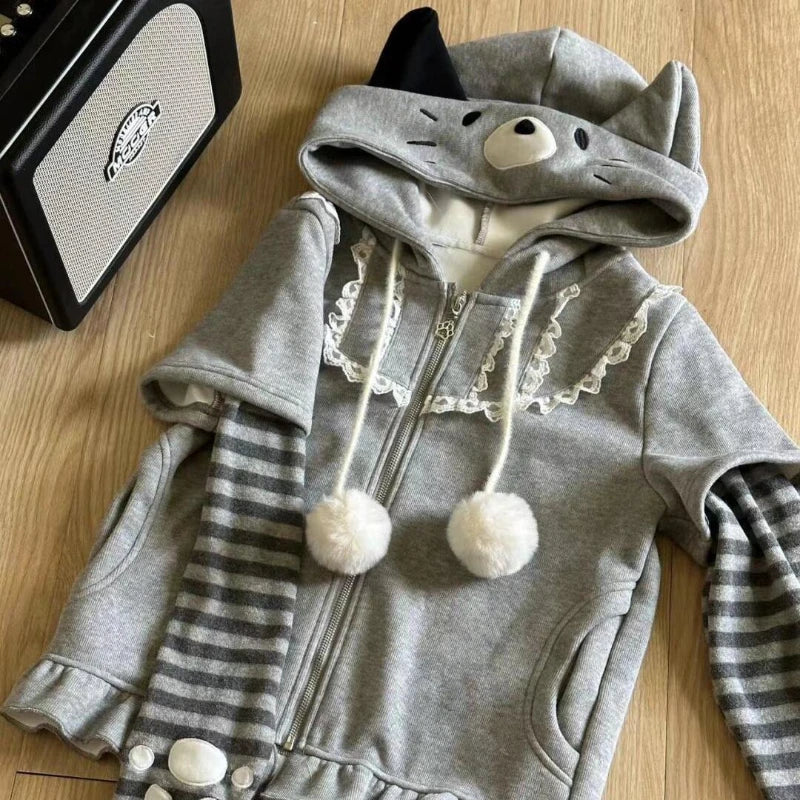 Autumn Winter Japanese Style Hooded Sweatshirt Sweet Kawaii Patchwork Fake Two Piece Jacket Y2k Long Sleeve Coats
