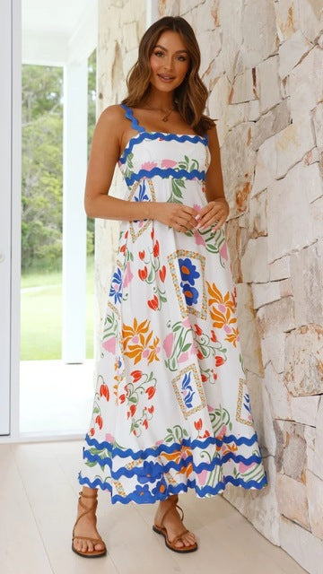 Summer Printed A-line Long Dress Backless Holiday Beach Spaghetti Strap Dresses for Maxi Vestidos Para Mujer