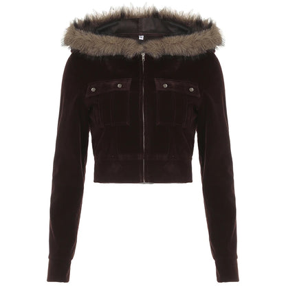 Autumn Velvet Short ��s Coat Zipper Faux Collar Hooded Simple All-match Jackets New