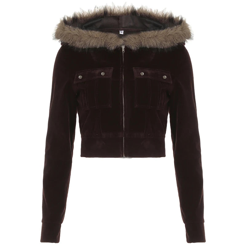 Autumn Velvet Short ��s Coat Zipper Faux Collar Hooded Simple All-match Jackets New
