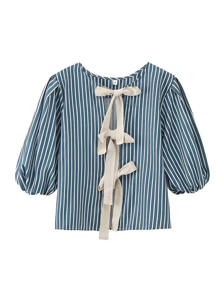 Summer Stripes Shirts for Woman Round Neck Short Sleeves Bow Laceup Tops Female Blouses