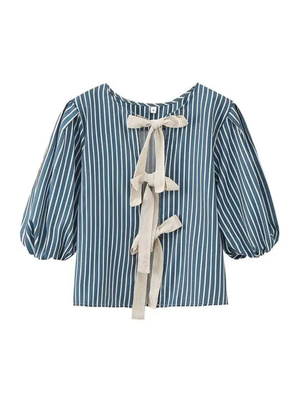 Summer Stripes Shirts for Woman Round Neck Short Sleeves Bow Laceup Tops Female Blouses