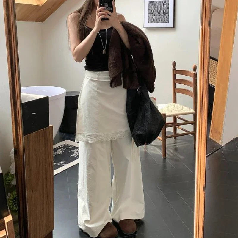 High Waist Laceup Color Wide Leg Pants Autumn New Fake Twopiece Lace Stitching Loose Pants