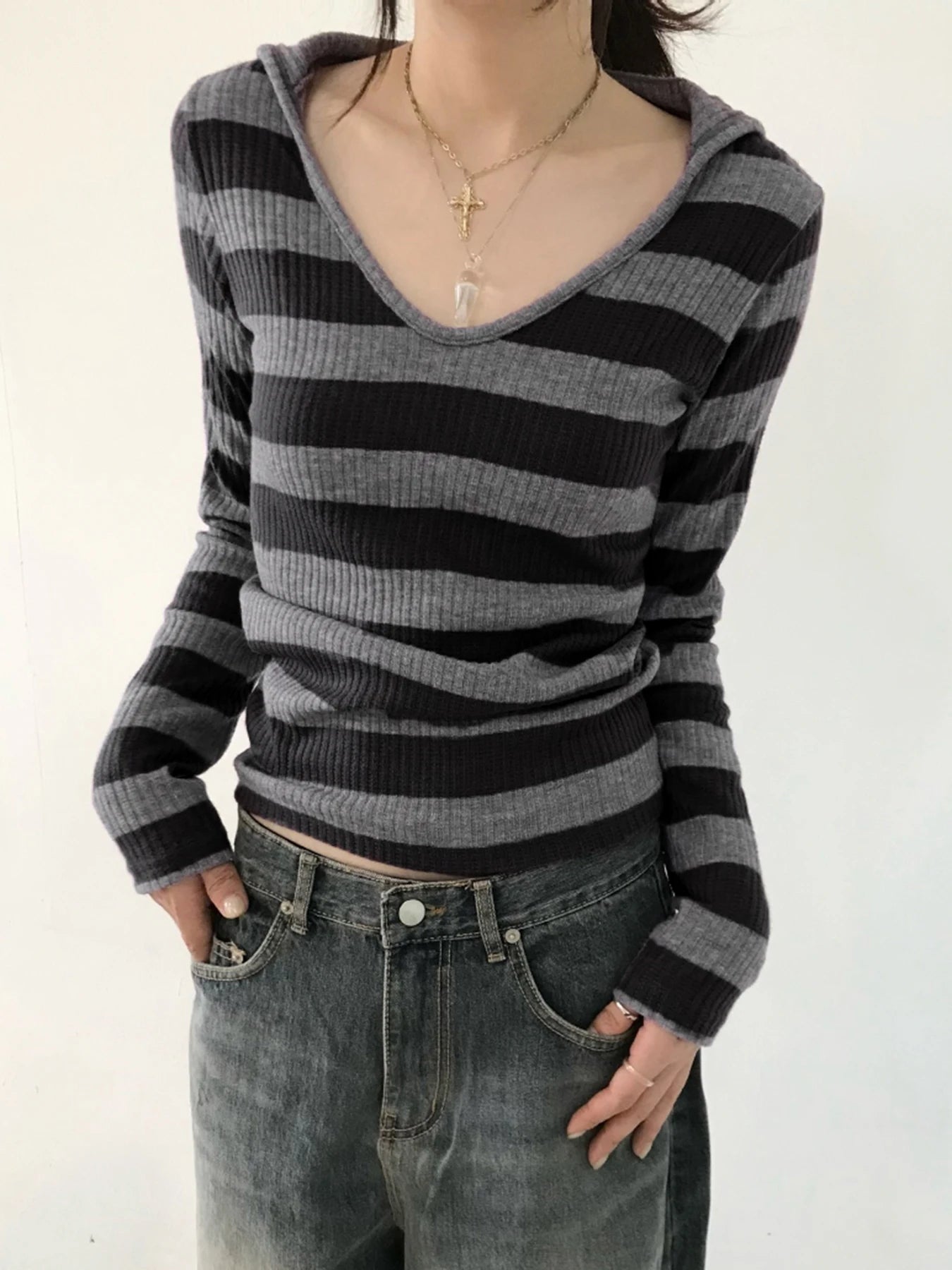 Black Dark Gray Stripe Hooded T-shirt V Neck Slim Long Sleeve Basic Spring Autumn Ribbed Top Preppy Tee