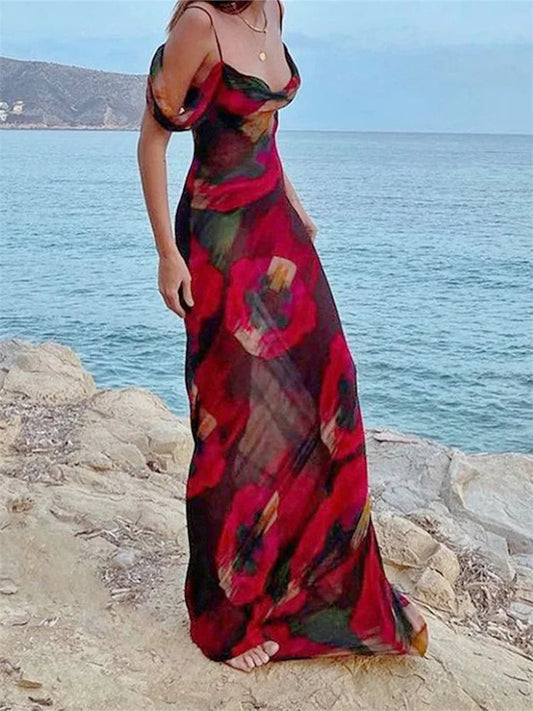 Print Mesh Pleated Off Shoulder Maxi Dress