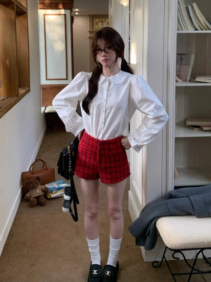 Blue Plaid Shirt Kawaii Peter Pan Collar Blouse Female Preppy Style Puff Sleeve Top With Teen Girl Spring Clothes