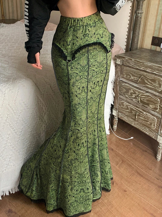 Forest Green Print Aesthetic Vacation Long Skirts Lace Trim Mermaid Skirt