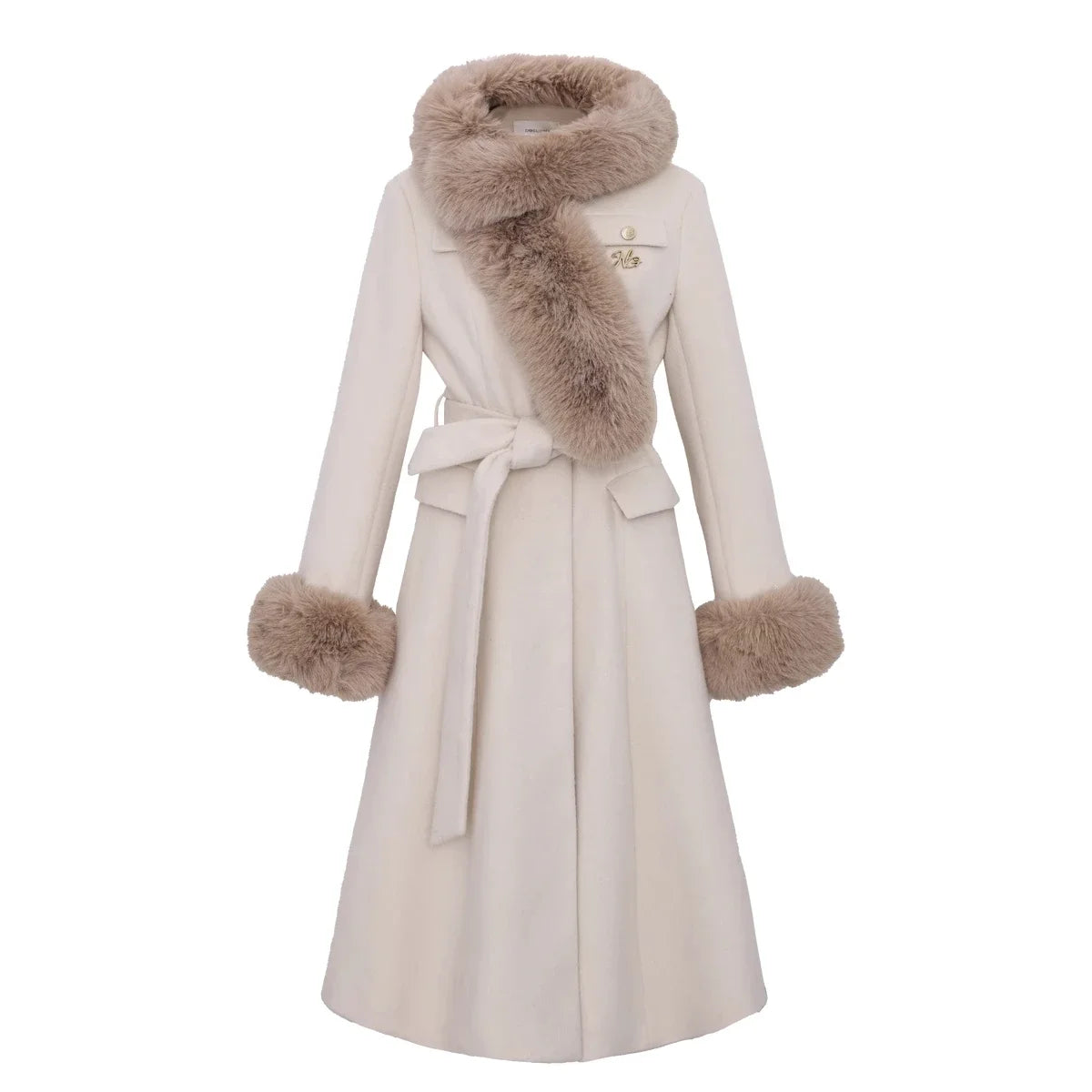 Sweet Hot Girl Large Fur Collar Woolen Coat Winter Slim Single Breasted Belt Longsleeved Coat Female Clothes