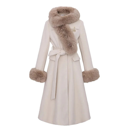 Sweet Hot Girl Large Fur Collar Woolen Coat Winter Slim Single Breasted Belt Longsleeved Coat Female Clothes