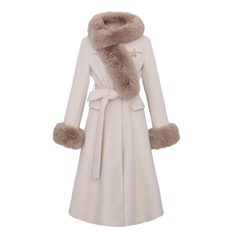 Sweet Hot Girl Large Fur Collar Woolen Coat Winter Slim Single Breasted Belt Longsleeved Coat Female Clothes