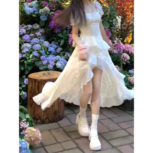 French Party Midi Dress Beach Style 2000s Y2k Clothing Short Sleeve One Piece Dress Korean Summer