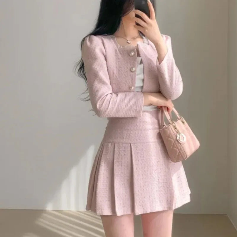 Korean Tweed Short Jacket Cropped Coats + High Waist Mini Skirts Suits Autumn New Slim Two-piece Sets