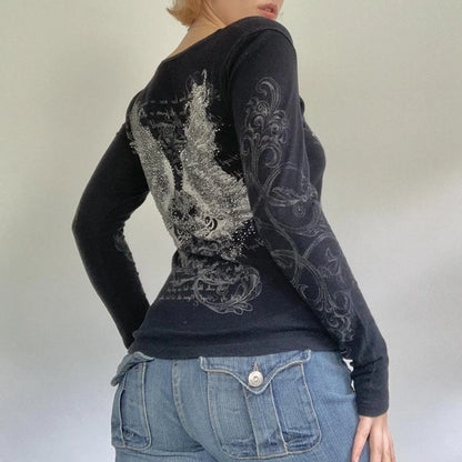 2000s Retro Rhinestone Graphic Print T-shirt Harajuku Grunge Y2k Aesthetics Fairy Crop Top Korean Mall Goth Tees